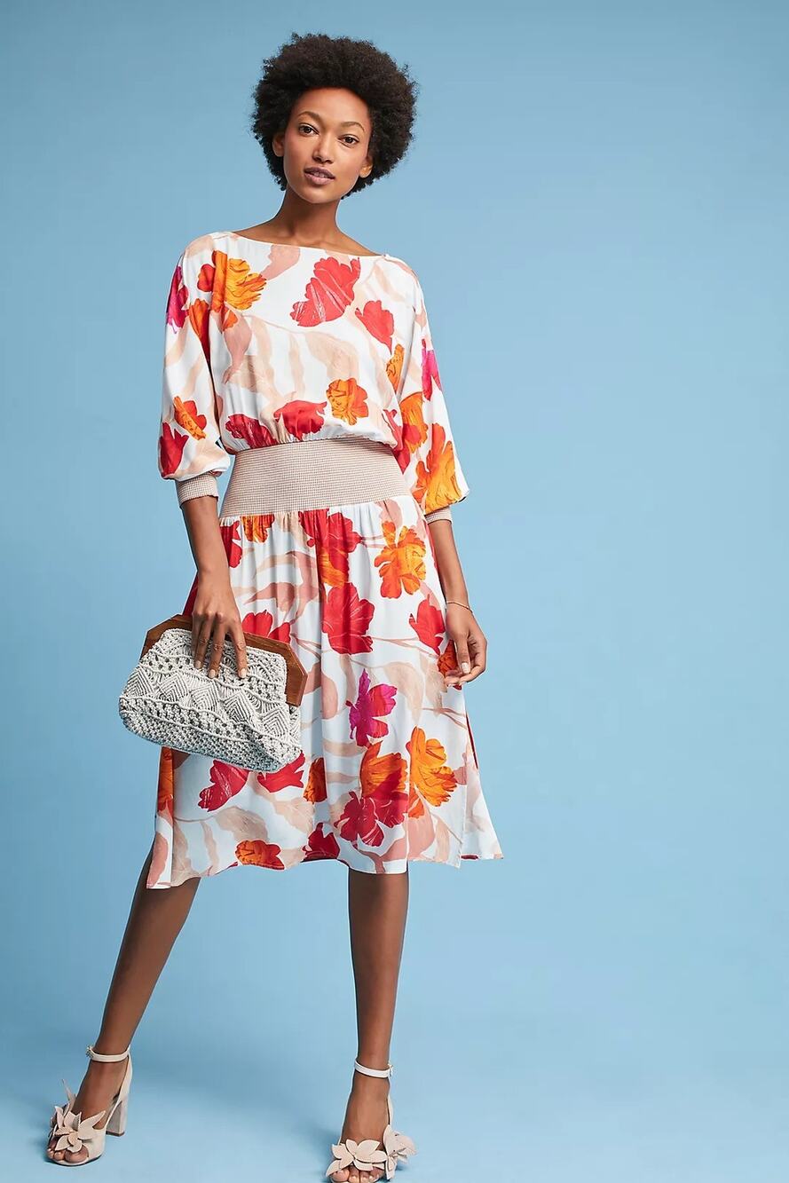 Maeve Gemma Floral Orange Autumn Fall Leaf Midi Flowy Boat Neck Dress Small